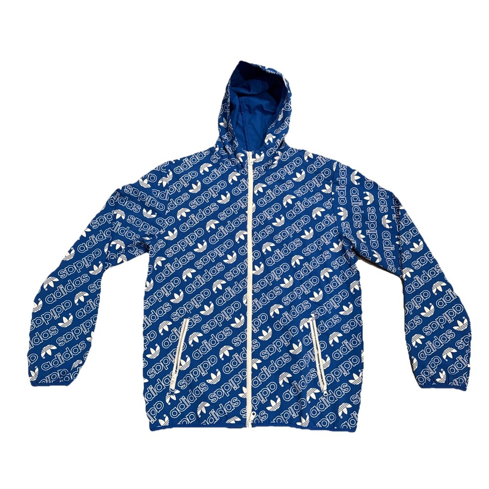 Adidas Trefoil All Over Print Windbreaker Jacket Men's M Blue Full Zip Y2K